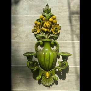 1960s MCM Mid-Century HOMCO Avocado Green Candelabra with Yellow Flowers GROOVY!